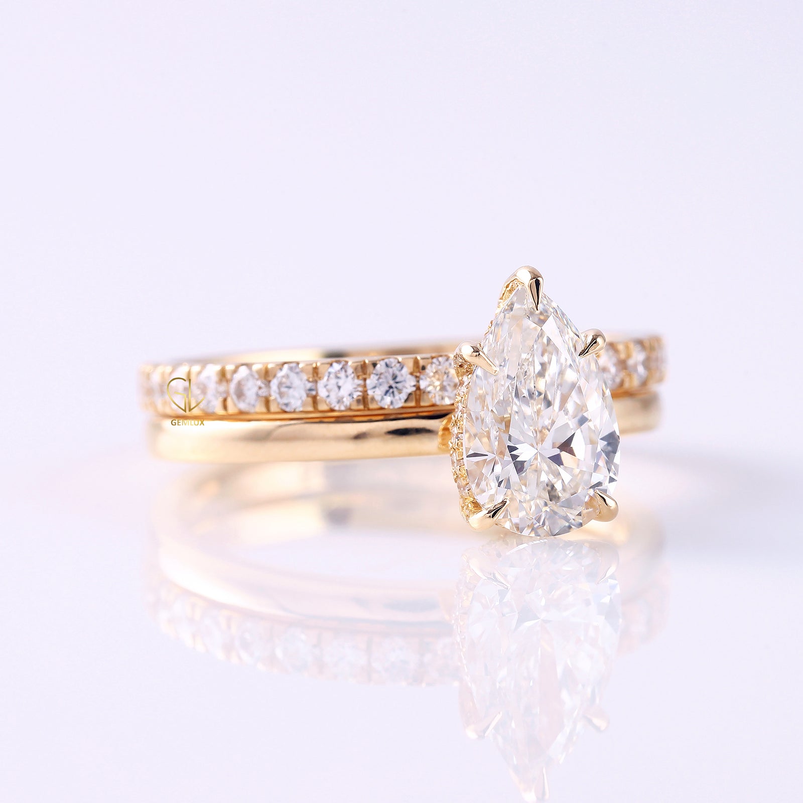2 Ct Pear Cut Lab Grown Diamond Ring Set with Eternity Wedding Band