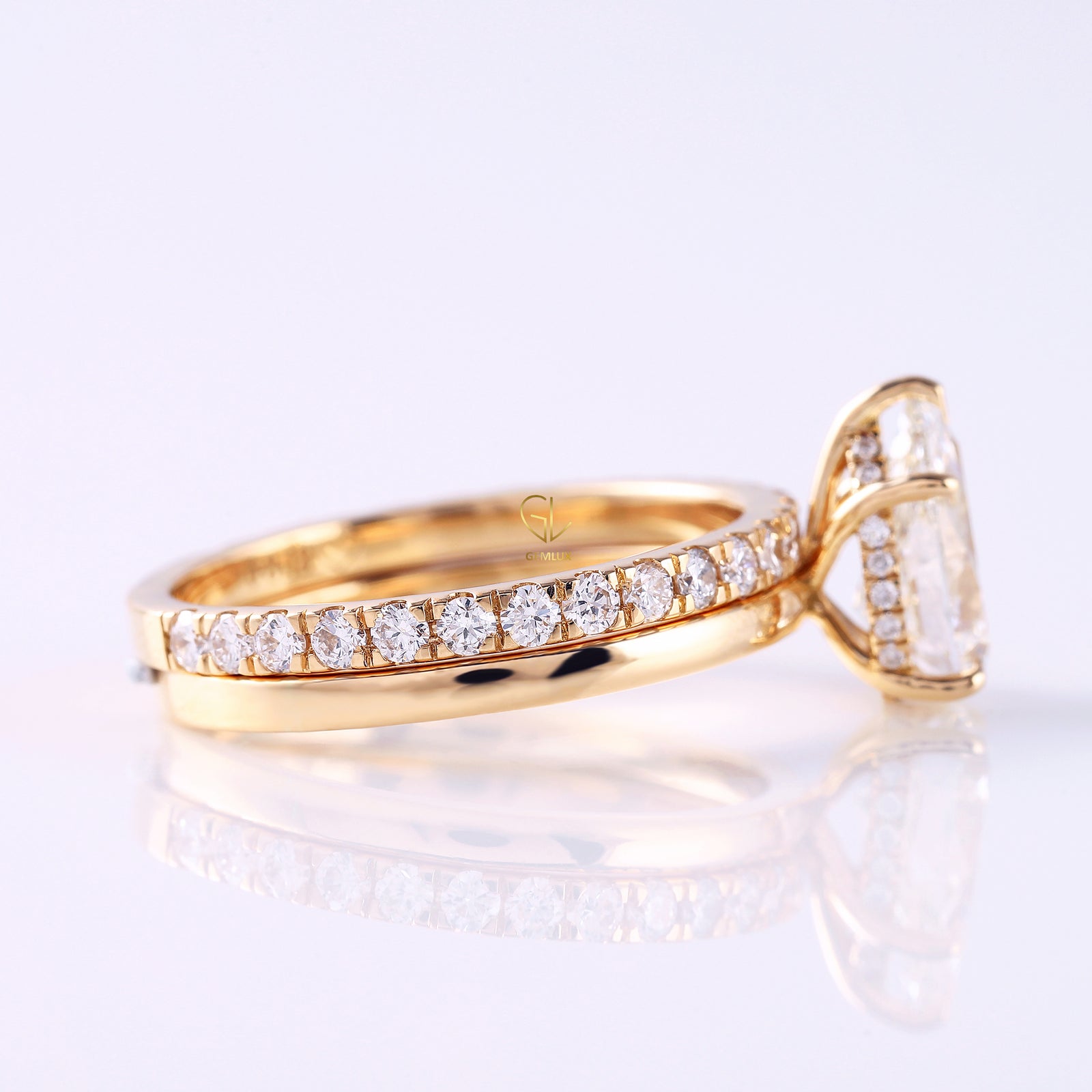 2 Ct Pear Cut Lab Grown Diamond Ring Set with Eternity Wedding Band