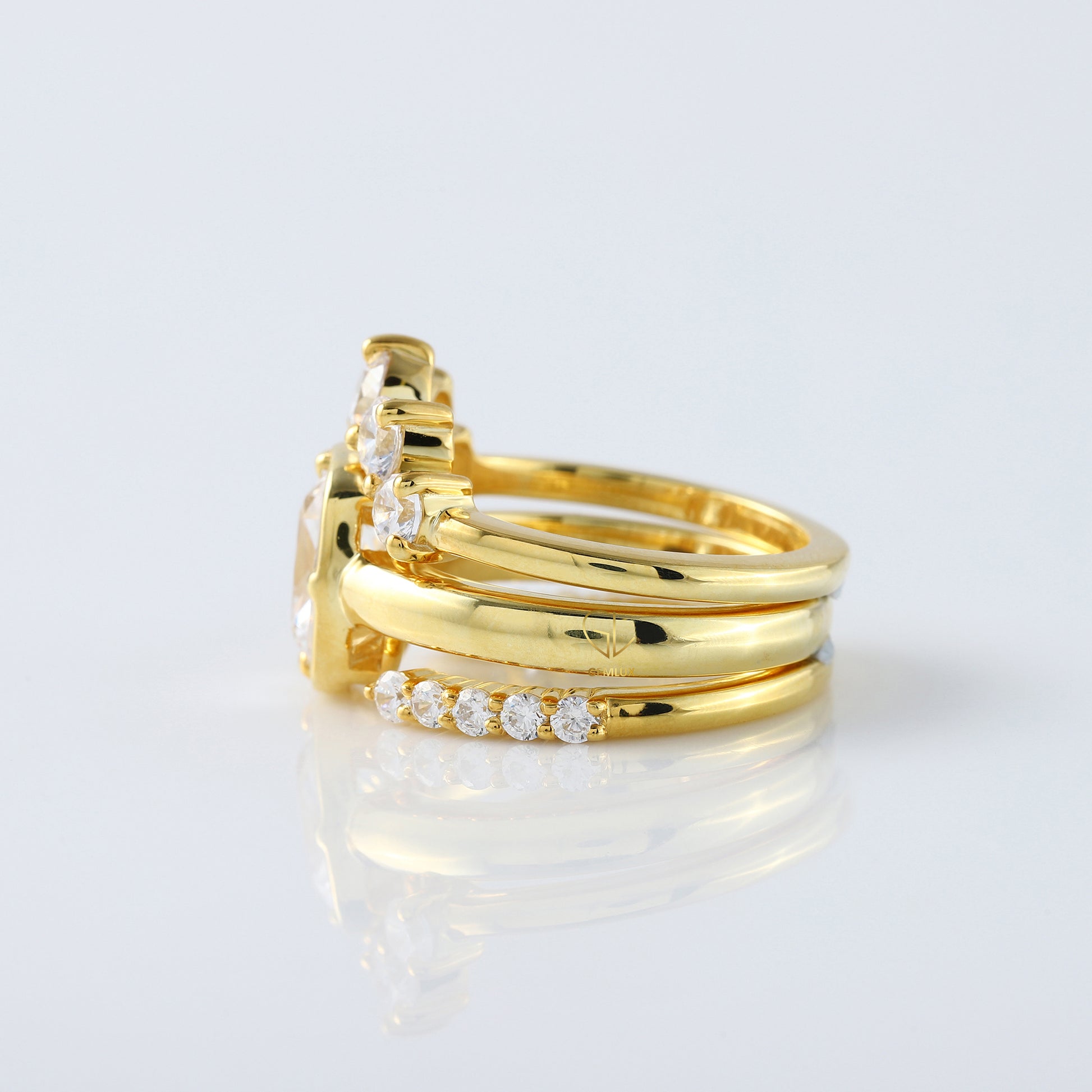 2 ct Elongated Cushion Moissanite Diamond Trio Ring Set - Yellow Gold