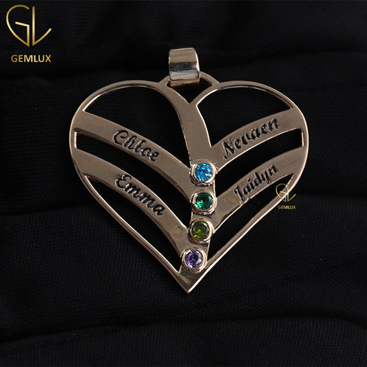 Personalised Mother's Birthstone & Engraved Name Heart Pendant