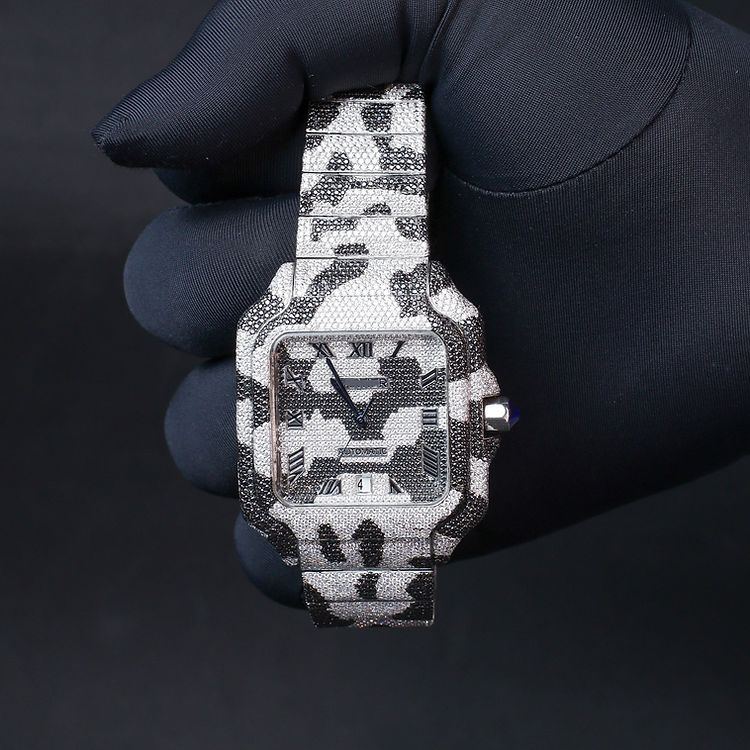 Square Roman Dial Iced Out Black & White Moissanite Hip Hop Watch