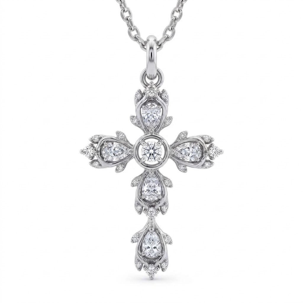 Pear and Round Lab-Grown Diamond Vintage Cross Pendant