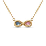 Discover a pink and blue pear-cut infinity pendant with smooth bezel settings. Personalize your gemstone pairing and metal with Gemlux Jewels.