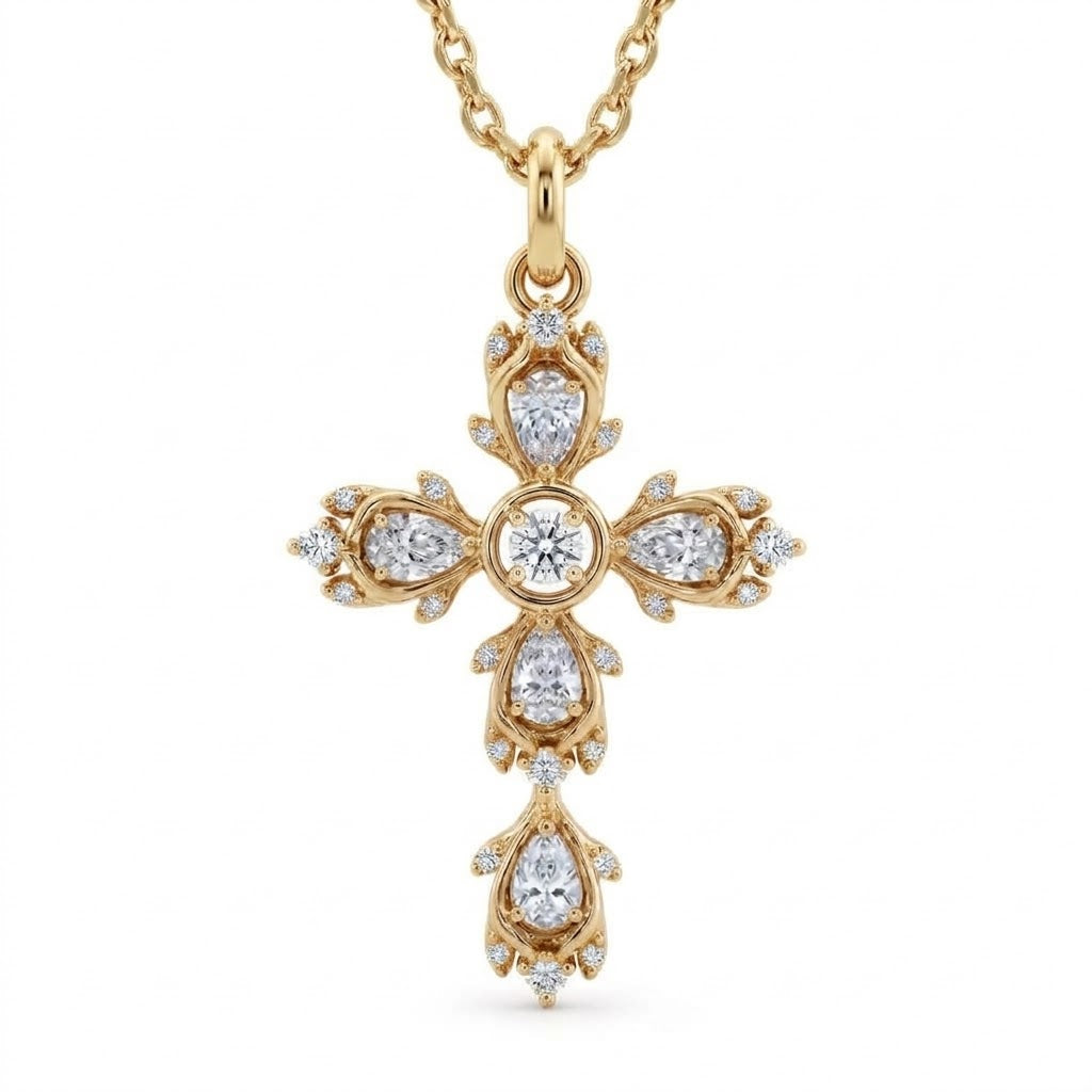 Pear and Round Lab-Grown Diamond Vintage Cross Pendant