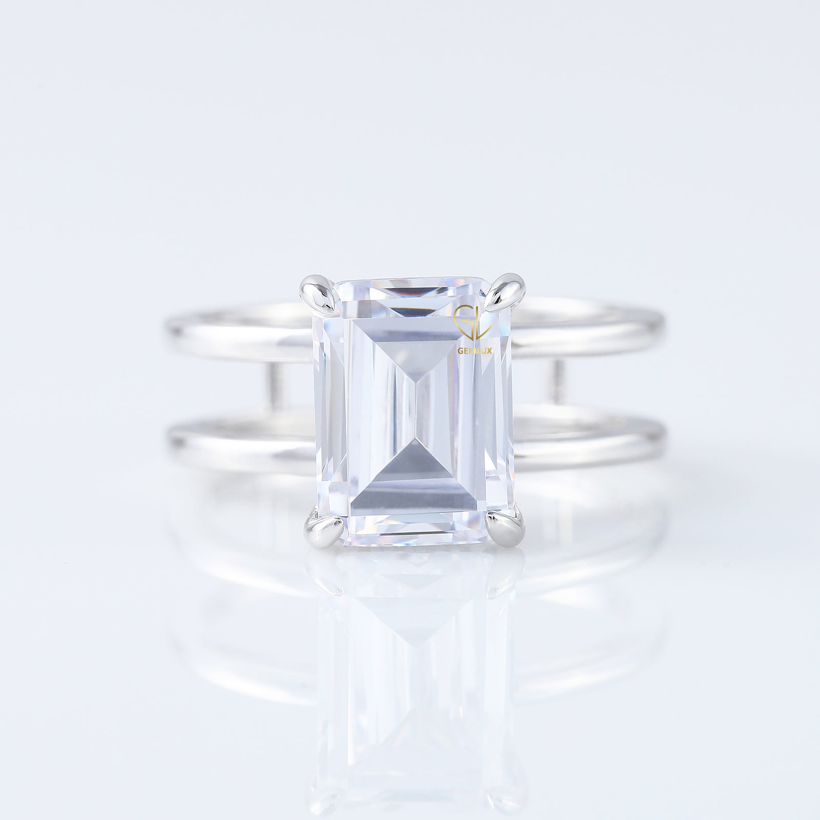 4ct Emerald Cut Lab Grown Double Band Solitaire Ring