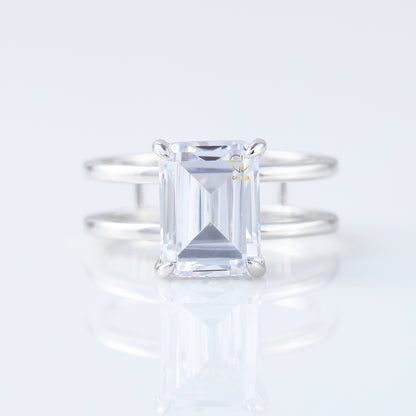 4ct Emerald Cut Lab Grown Double Band Solitaire Ring
