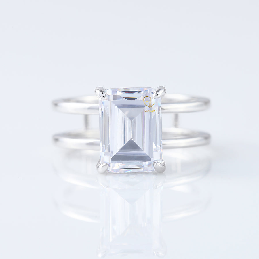 4ct Emerald Cut Lab Grown Double Band Solitaire Ring