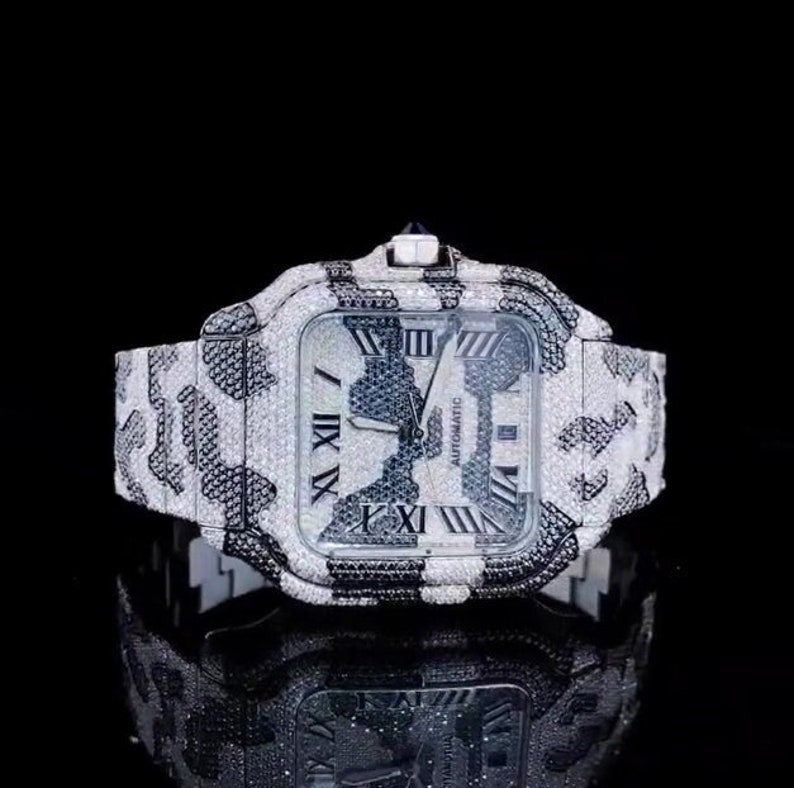 Square Roman Dial Iced Out Black & White Moissanite Hip Hop Watch