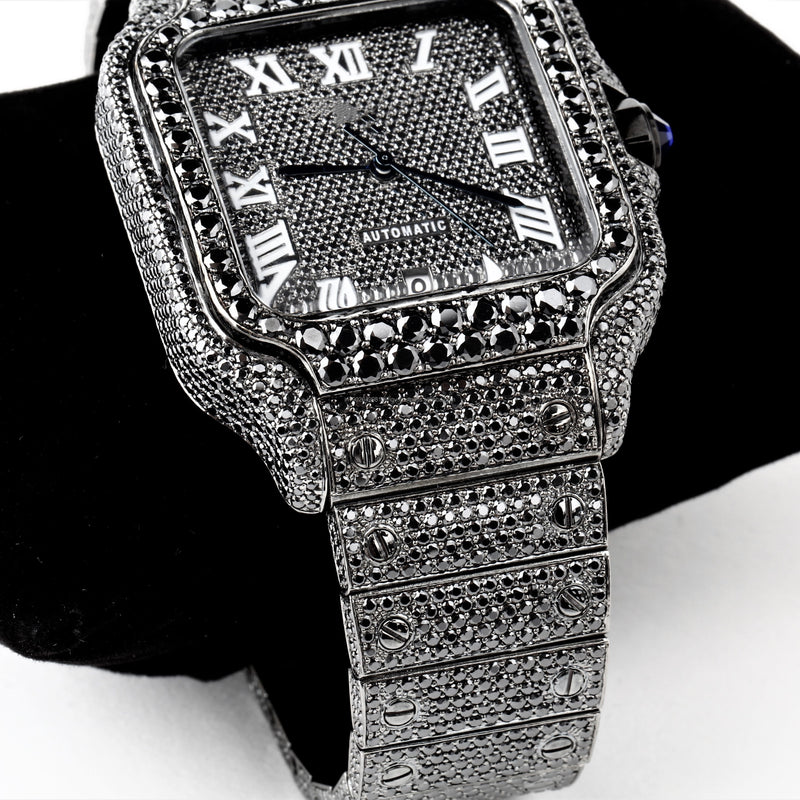Square Roman Dial VVS Black Moissanite Diamond Hip Hop Watch