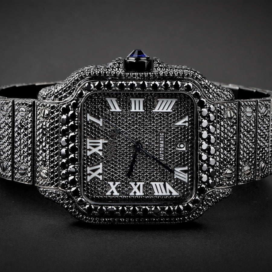 Square Roman Dial VVS Black Moissanite Diamond Hip Hop Watch