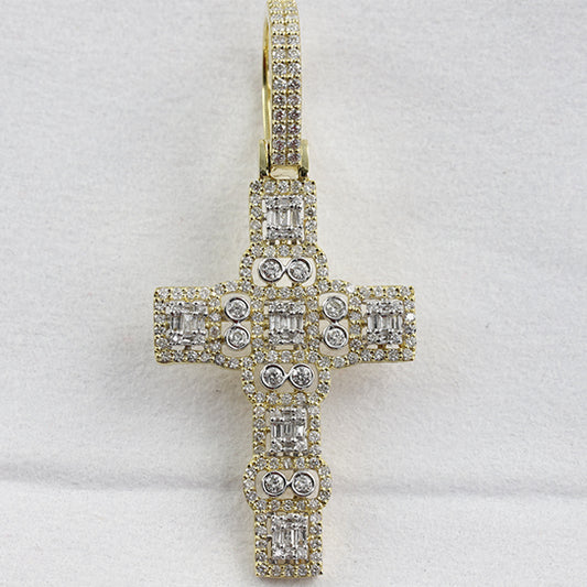 Baguette & Round Cut Diamond Gold Finish Charm Cross Pendant