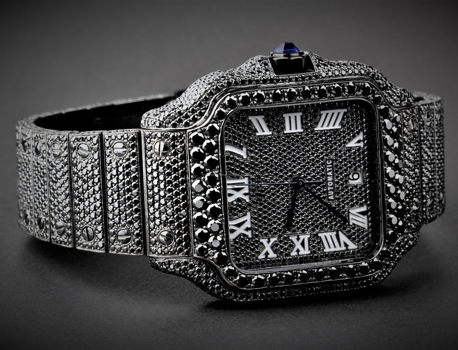 Square Roman Dial VVS Black Moissanite Diamond Hip Hop Watch