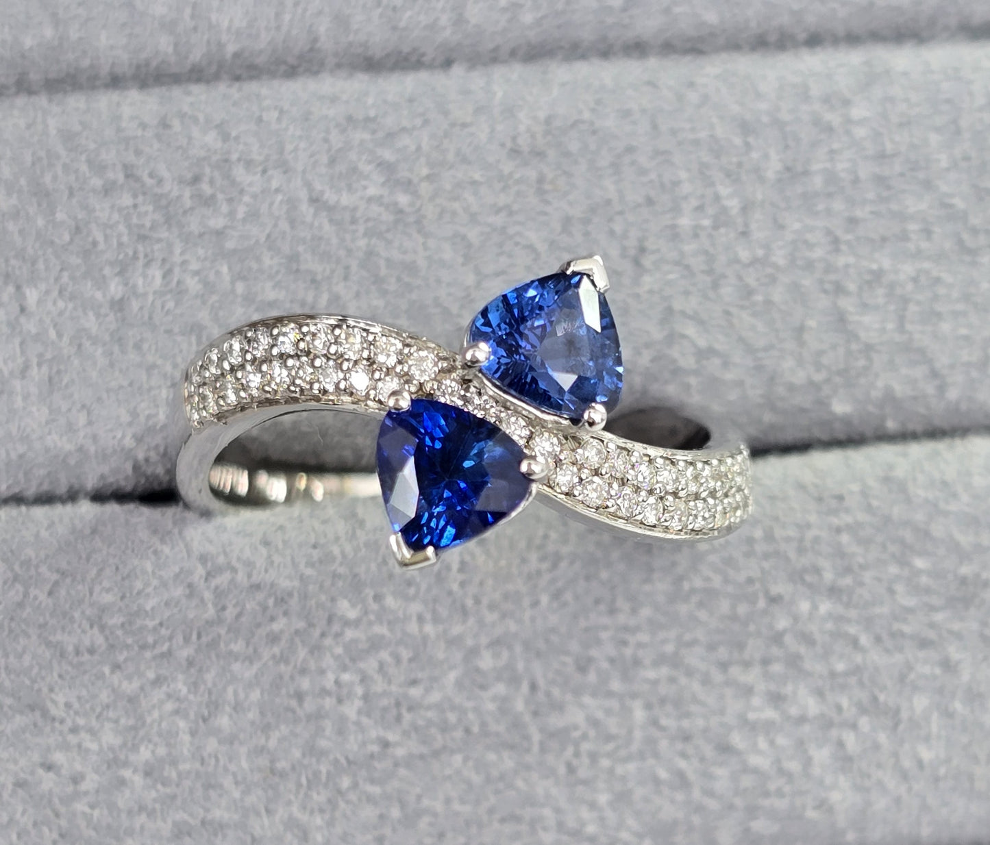 Blue Sapphire Trillion Cut Certified Natural Diamond Two Stone Engagement Ring