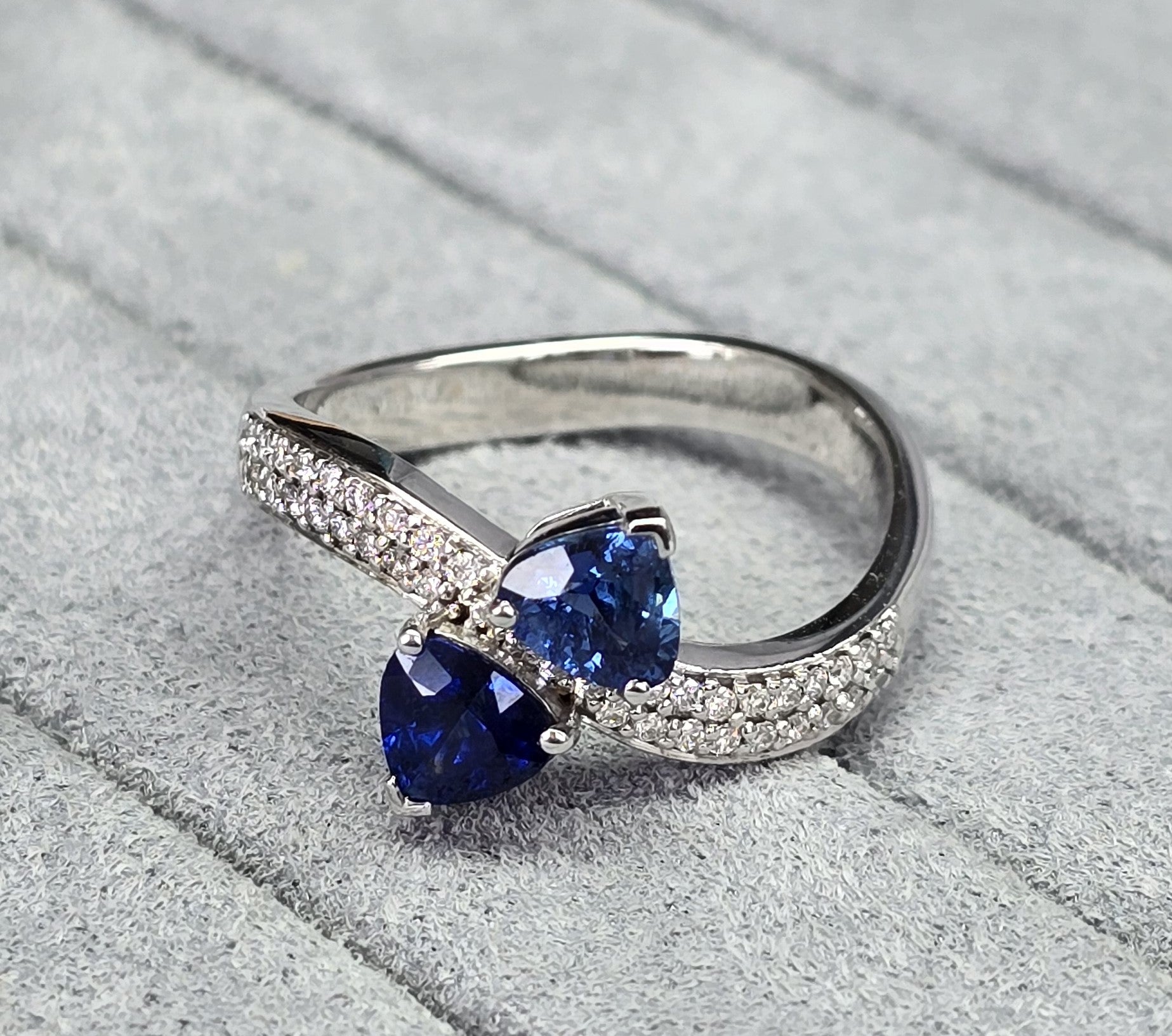 Blue Sapphire Trillion Cut Certified Natural Diamond Two Stone Engagement Ring