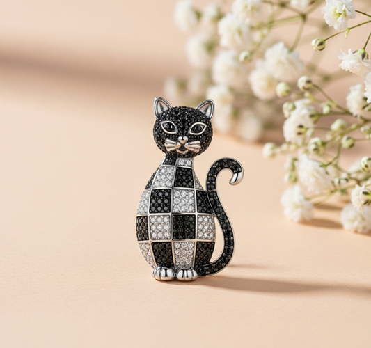 925 Silver Vintage Style Black Sitting Cat Brooch