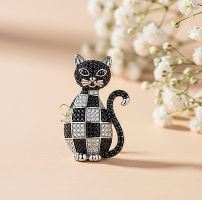 925 Silver Vintage Style Black Sitting Cat Brooch