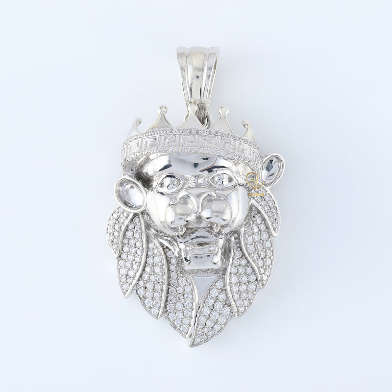 925 Silver Lab Grown Crown Head Lion Face Hip Hop Pendant
