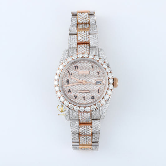 Arabic Dial Iced Out VVS Moissanite Rose Gold Plated Two Tone Watch