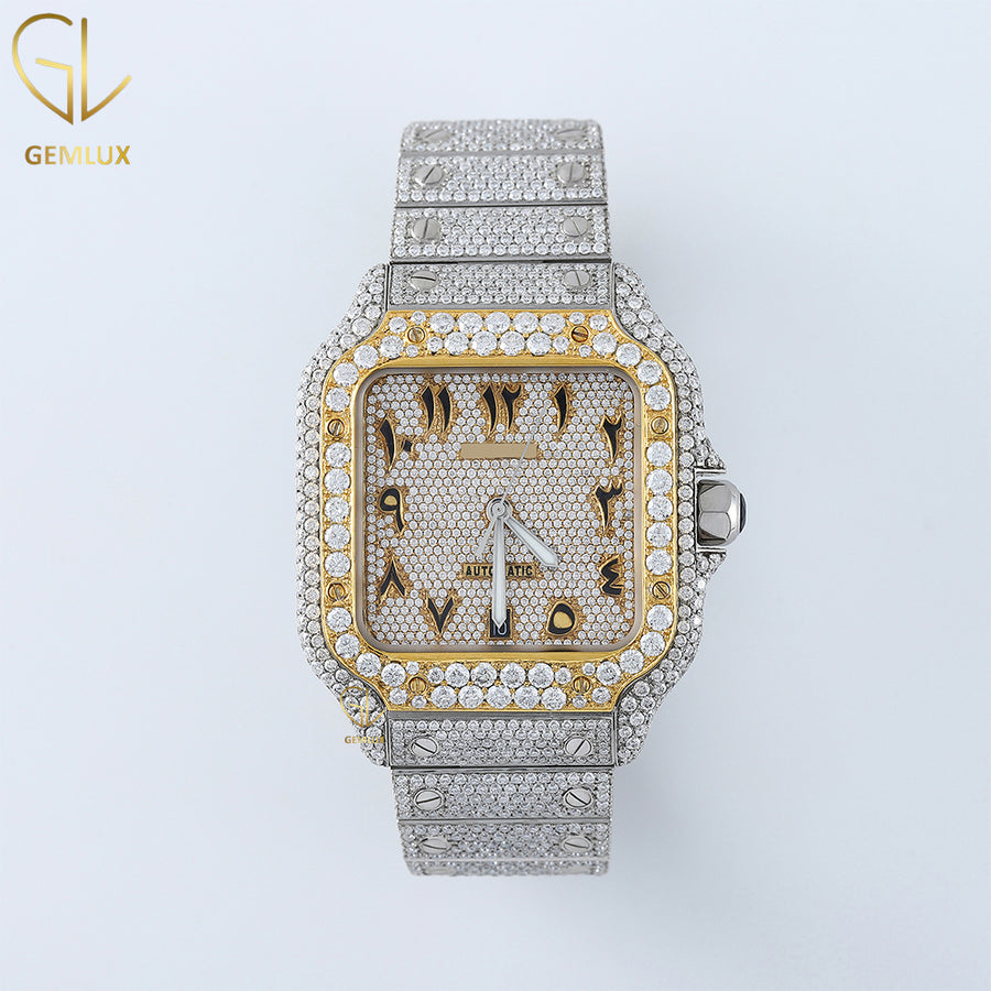 Square Arabic Dial Two Tone Yellow Gold Iced Out Lab Grown Watch