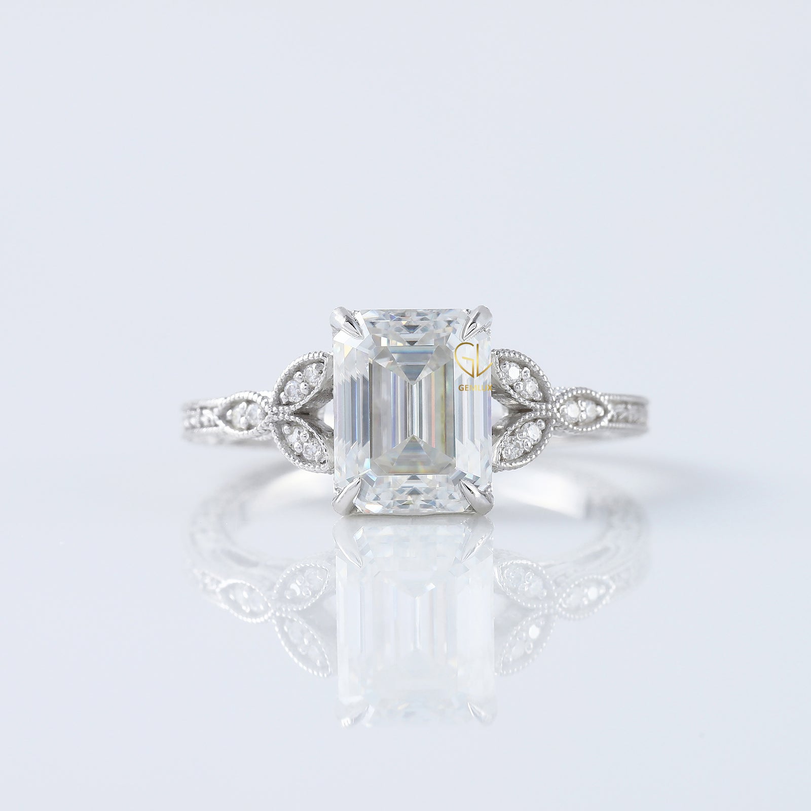 Art Deco 2.5 Ct Emerald Cut Lab Grown Diamond White Gold Ring