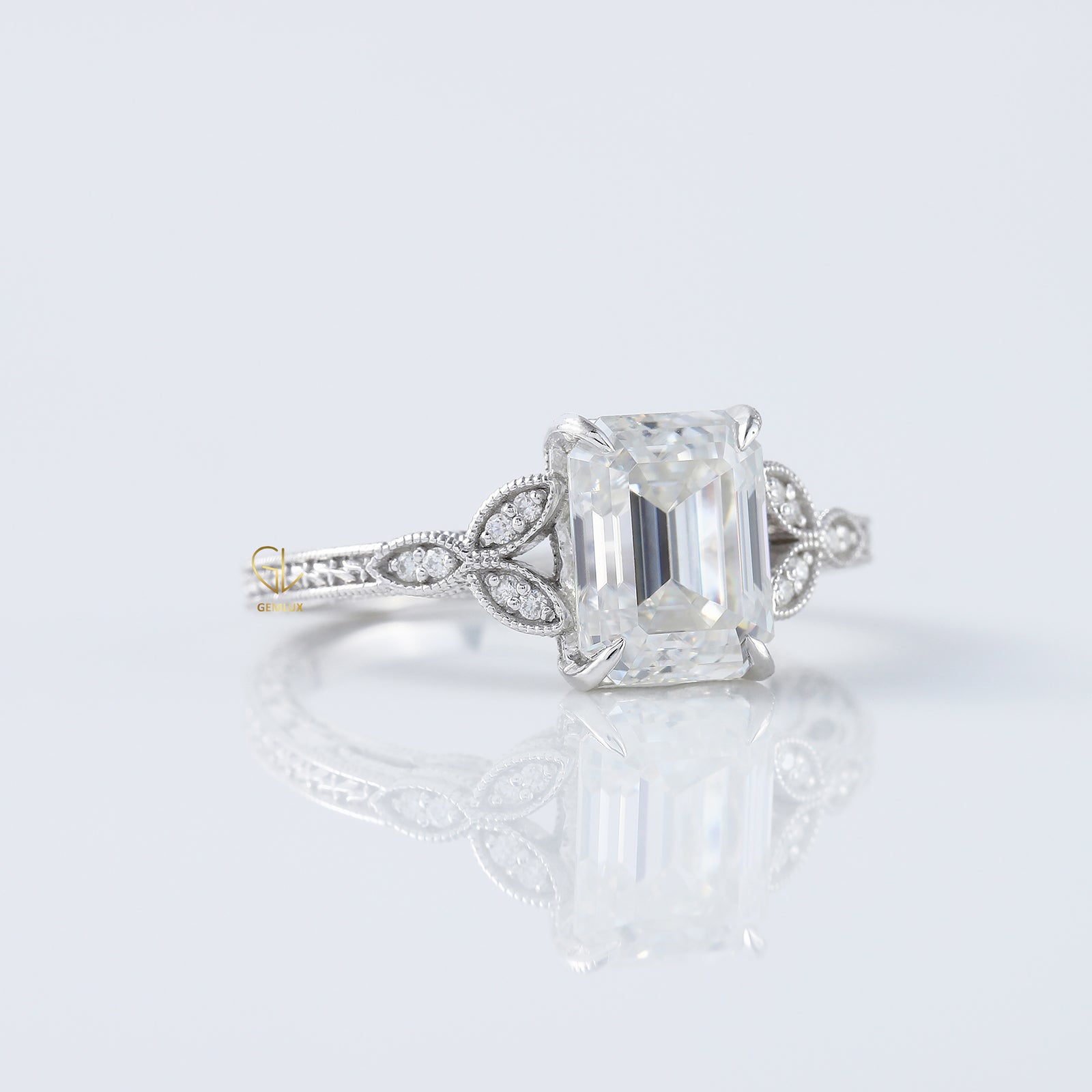 Art Deco 2.5 Ct Emerald Cut Lab Grown Diamond White Gold Ring