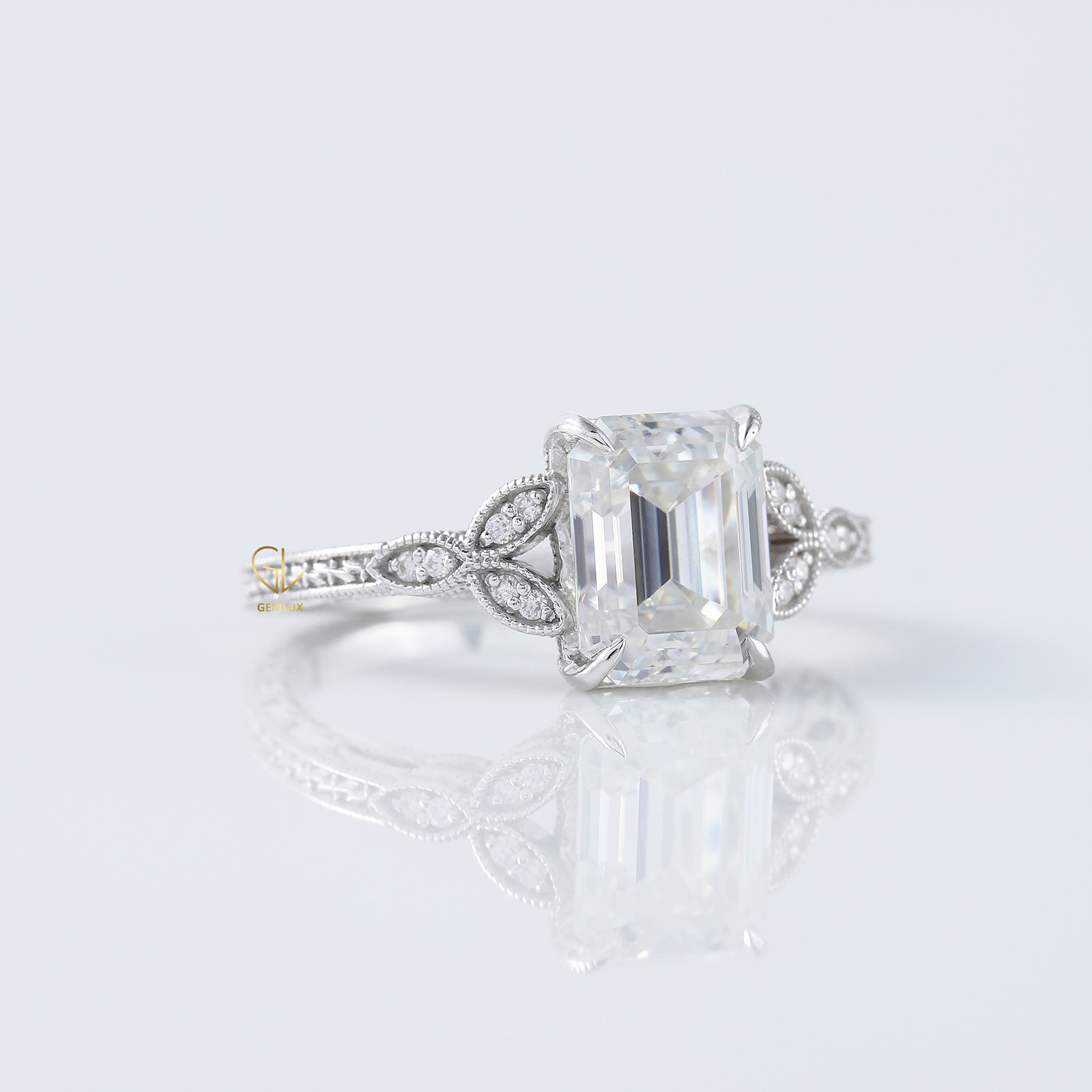 Art Deco 2.5 Ct Emerald Cut Lab Grown Diamond White Gold Ring