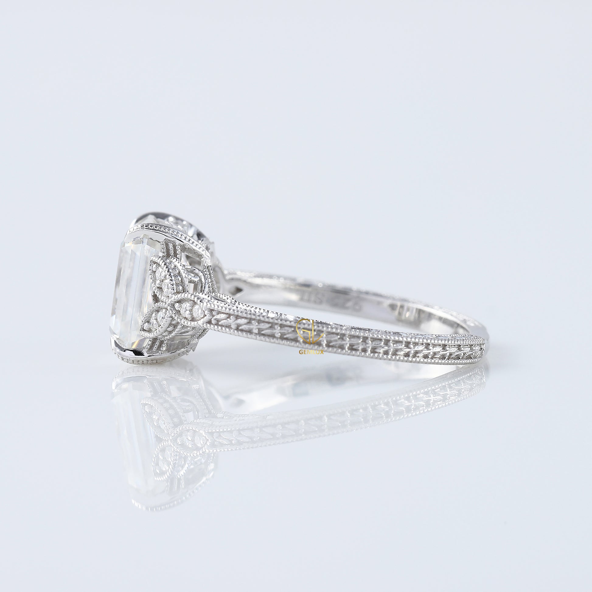 Art Deco 2.5 Ct Emerald Cut Lab Grown Diamond White Gold Ring