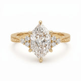Art Deco marquise lab grown diamond engagement ring with engraved milgrain band and round side diamonds