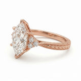 Art Deco marquise lab grown diamond engagement ring with engraved milgrain band and round side diamonds