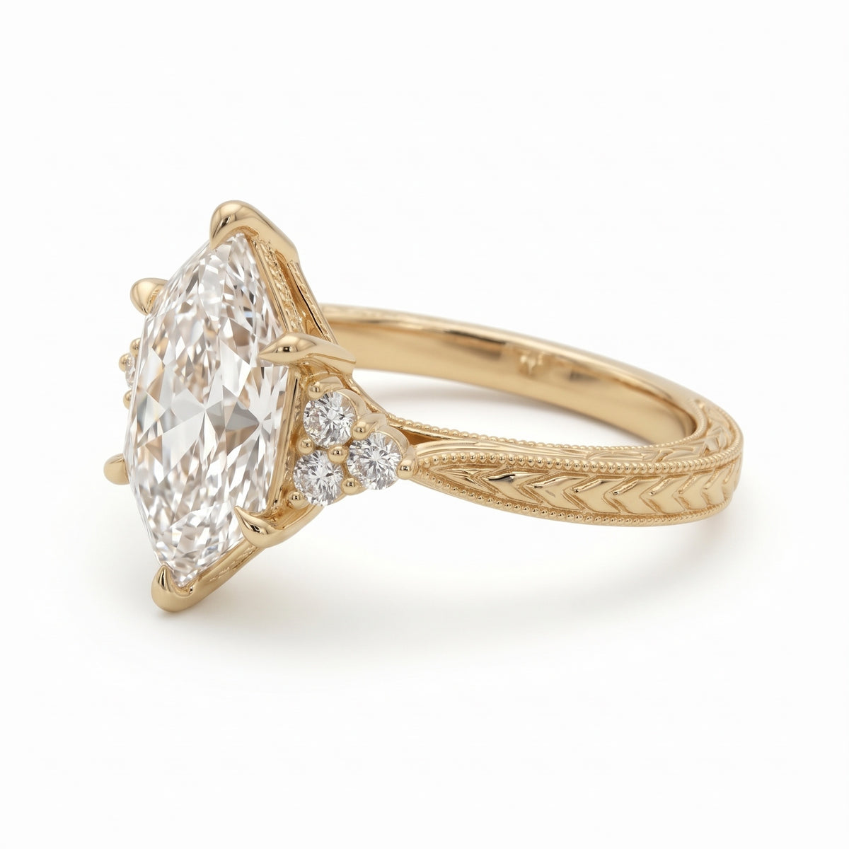Art Deco marquise lab grown diamond engagement ring with engraved milgrain band and round side diamonds