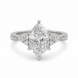Art Deco marquise lab grown diamond engagement ring with engraved milgrain band and round side diamonds