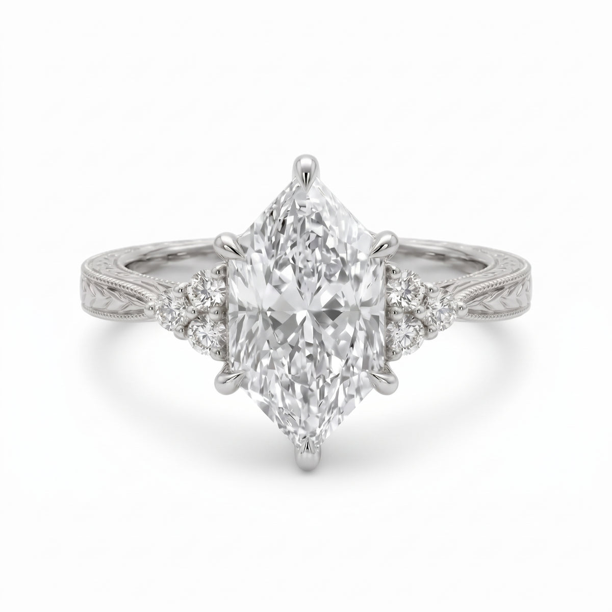 Art Deco marquise lab grown diamond engagement ring with engraved milgrain band and round side diamonds