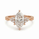 Art Deco marquise lab grown diamond engagement ring with engraved milgrain band and round side diamonds
