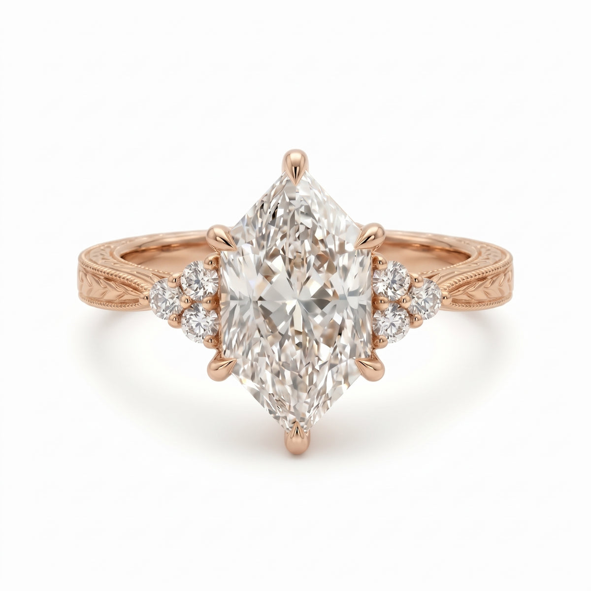 Art Deco marquise lab grown diamond engagement ring with engraved milgrain band and round side diamonds