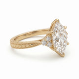 Art Deco marquise lab grown diamond engagement ring with engraved milgrain band and round side diamonds