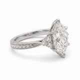Art Deco marquise lab grown diamond engagement ring with engraved milgrain band and round side diamonds