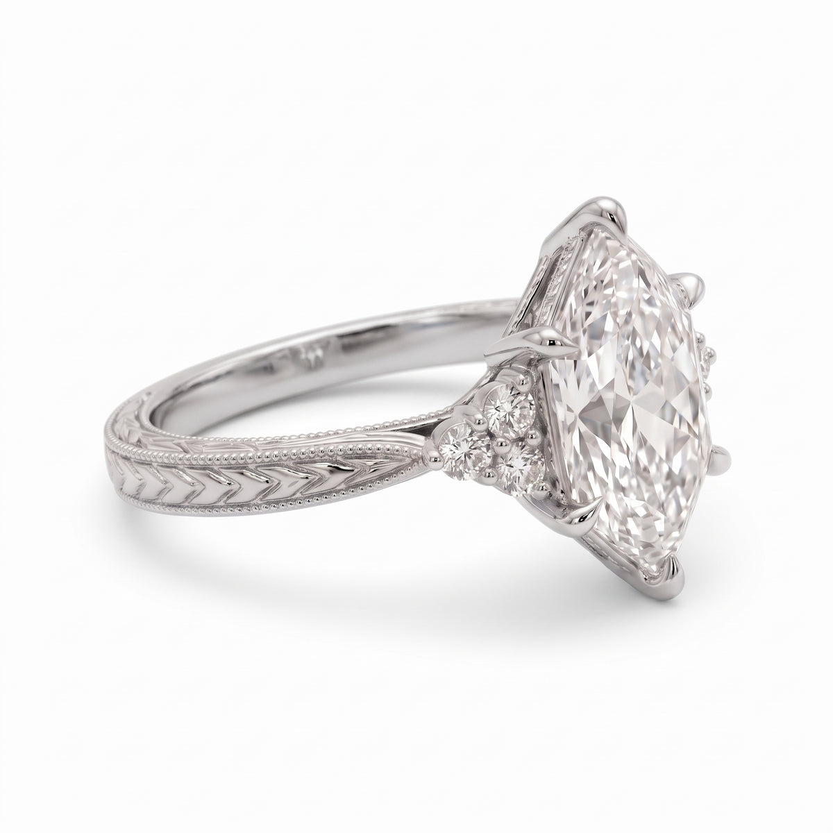 Art Deco marquise lab grown diamond engagement ring with engraved milgrain band and round side diamonds