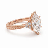 Art Deco marquise lab grown diamond engagement ring with engraved milgrain band and round side diamonds