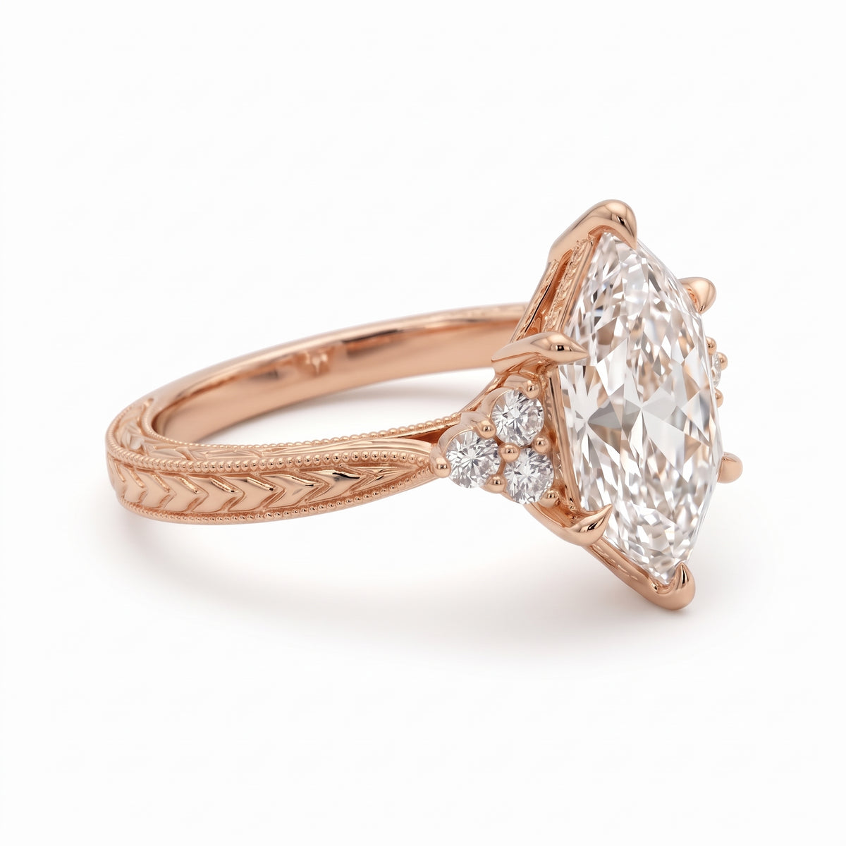 Art Deco marquise lab grown diamond engagement ring with engraved milgrain band and round side diamonds