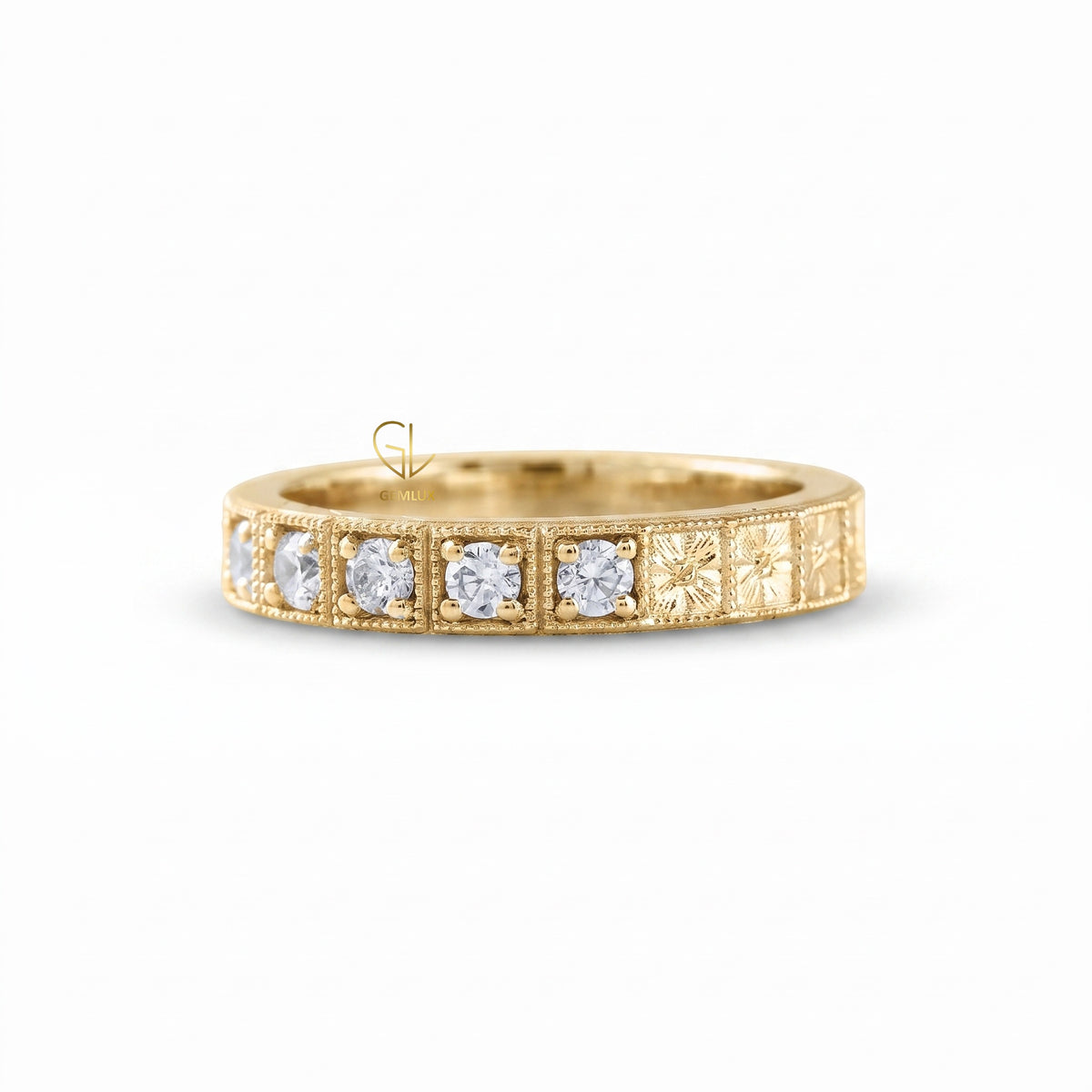Art Deco Milgrain Band, Round Cut Moissanite Five Stone Wedding Band