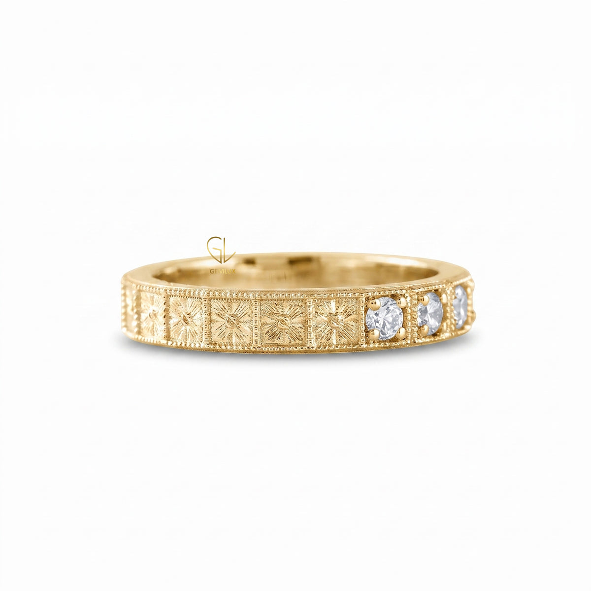 Art Deco Milgrain Band, Round Cut Moissanite Five Stone Wedding Band