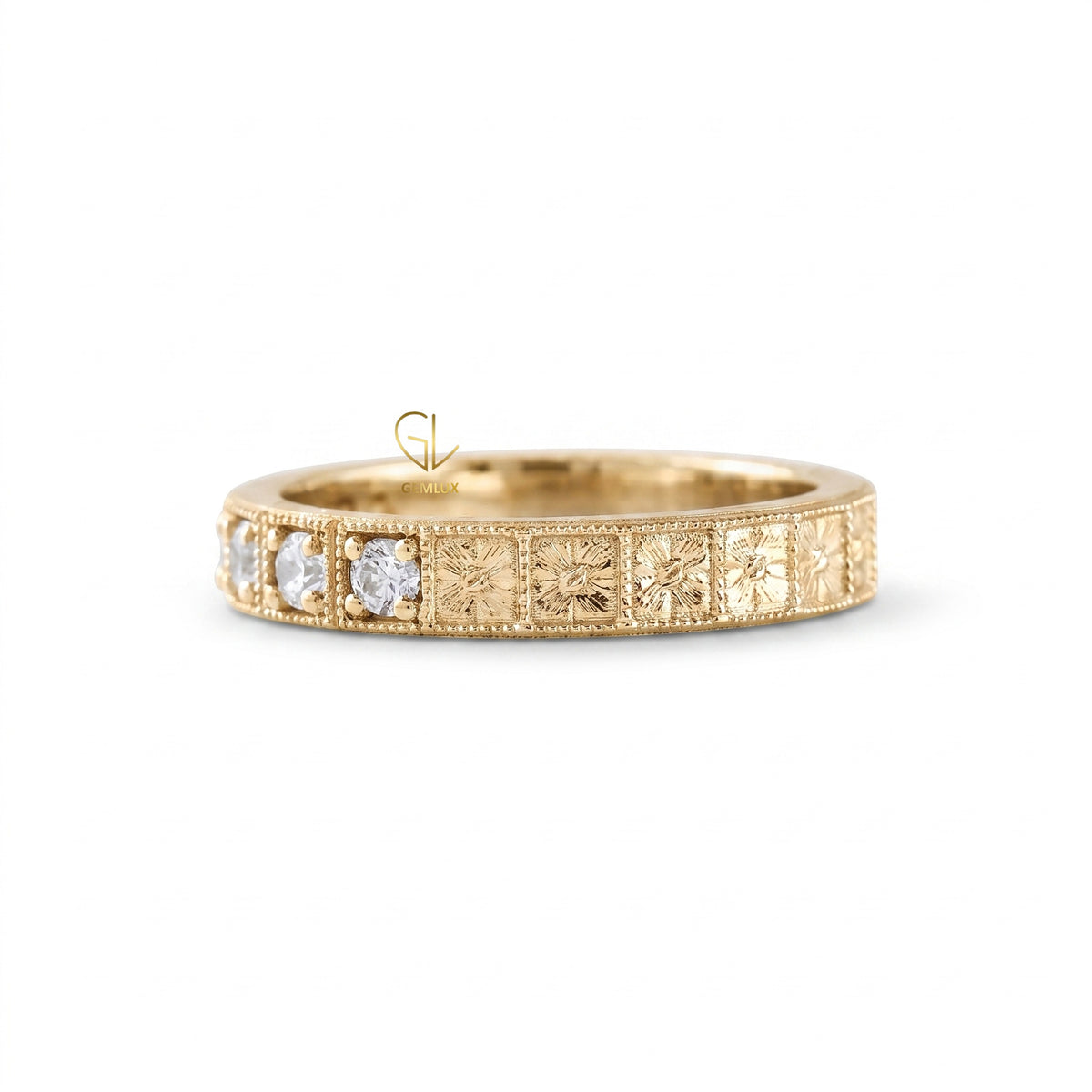 Art Deco Milgrain Band, Round Cut Moissanite Five Stone Wedding Band