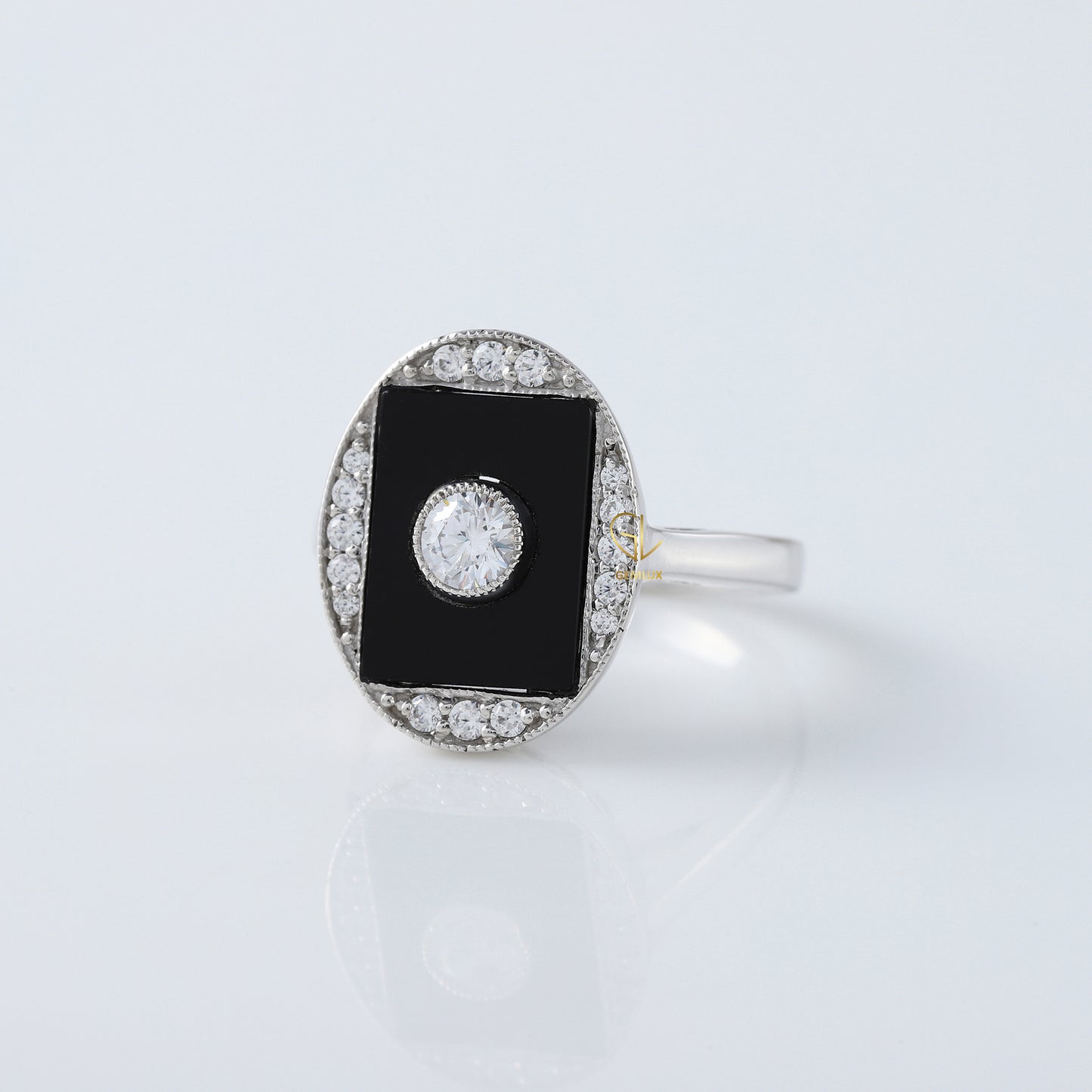 Art Deco Round Lab Grown Black Enamel Engagement Ring