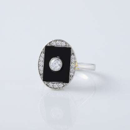 Art Deco Round Lab Grown Black Enamel Engagement Ring