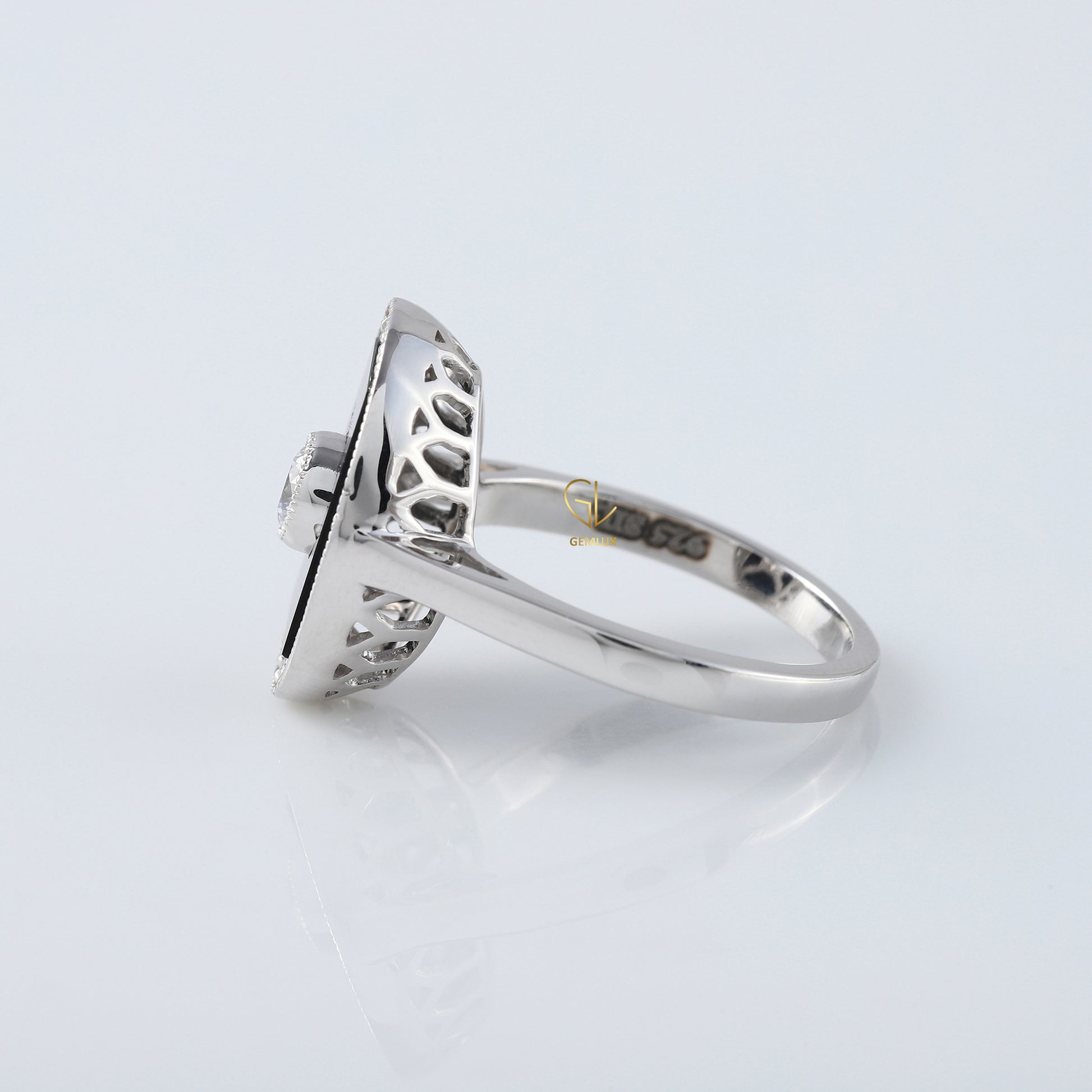 Art Deco Round Lab Grown Black Enamel Engagement Ring