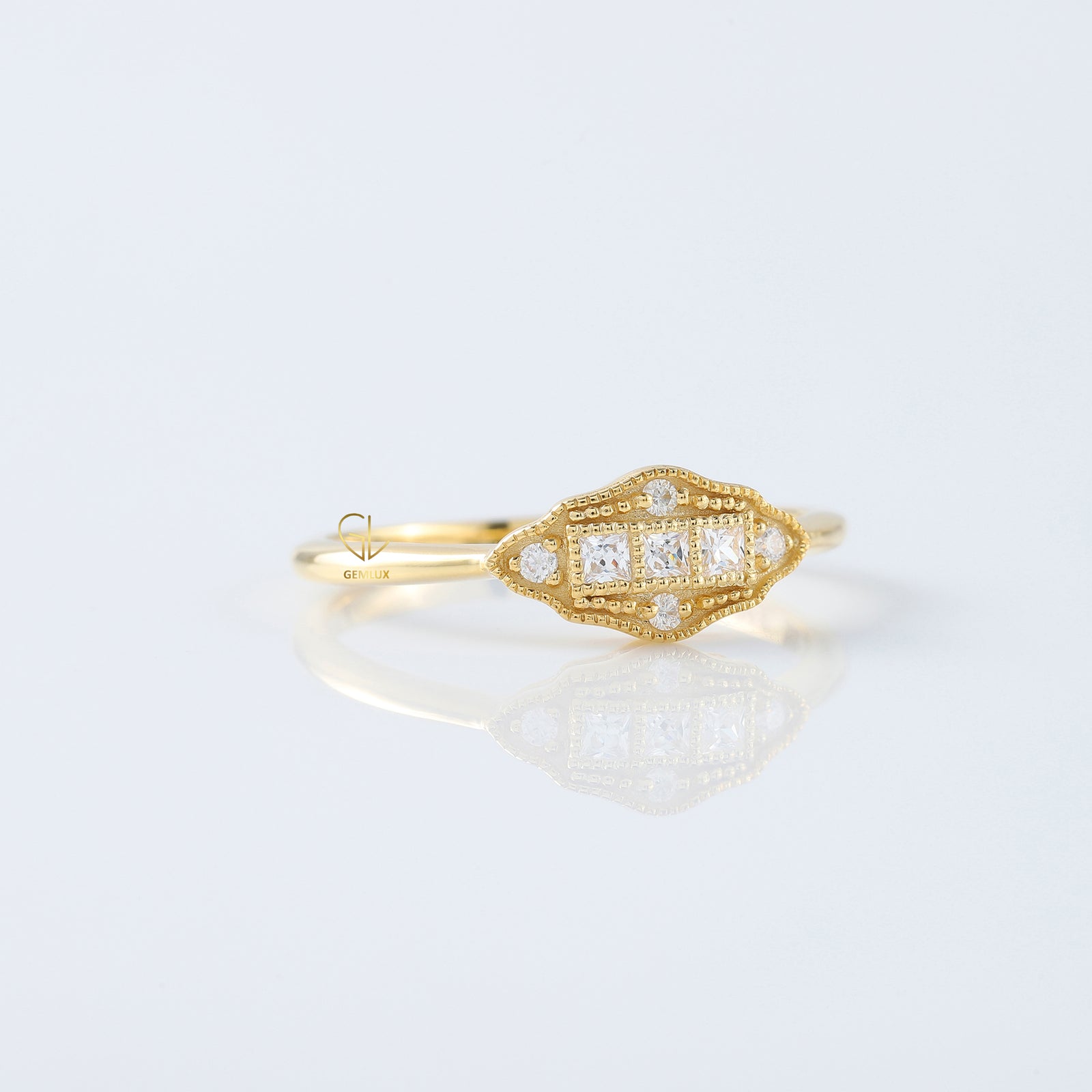 Art Deco Three Stone Princess Cut Lab Grown Minimalist Ring