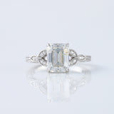 Art Deco Vintage Emerald Cut Moissanite Diamond Filigree Ring in 14k white gold