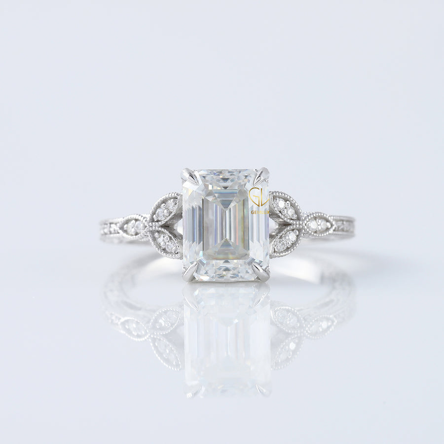 Art Deco Vintage Emerald Cut Moissanite Diamond Filigree Ring