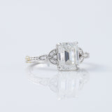 Art Deco Vintage Emerald Cut Moissanite Diamond Filigree Ring in 14k white gold