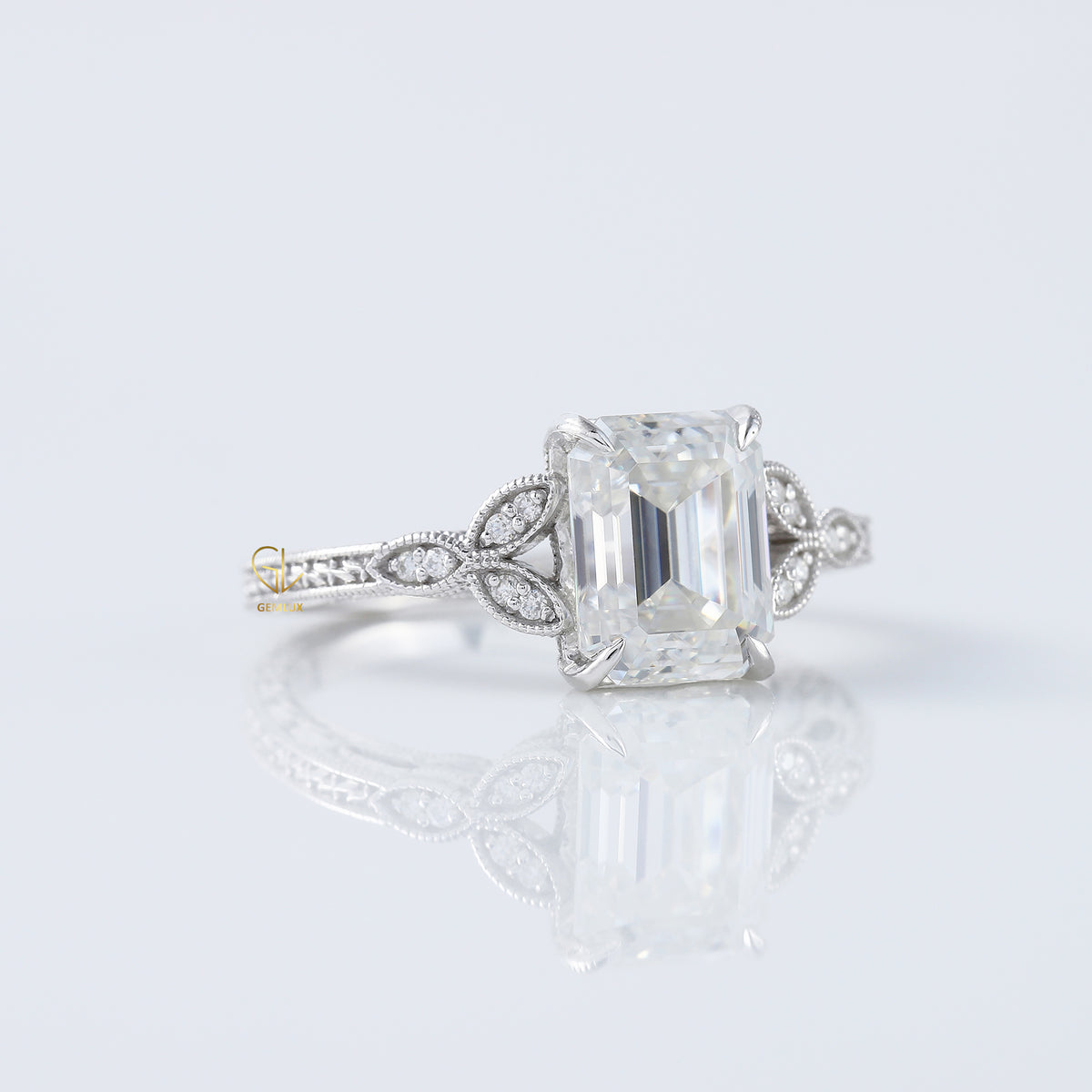 Art Deco Vintage Emerald Cut Moissanite Diamond Filigree Ring in 14k white gold